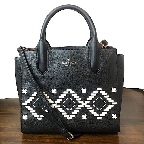 KATE SPADE Black Leather Crossbody w Woven White Leather Diamond Argyle Pattern - Picture 1 of 17